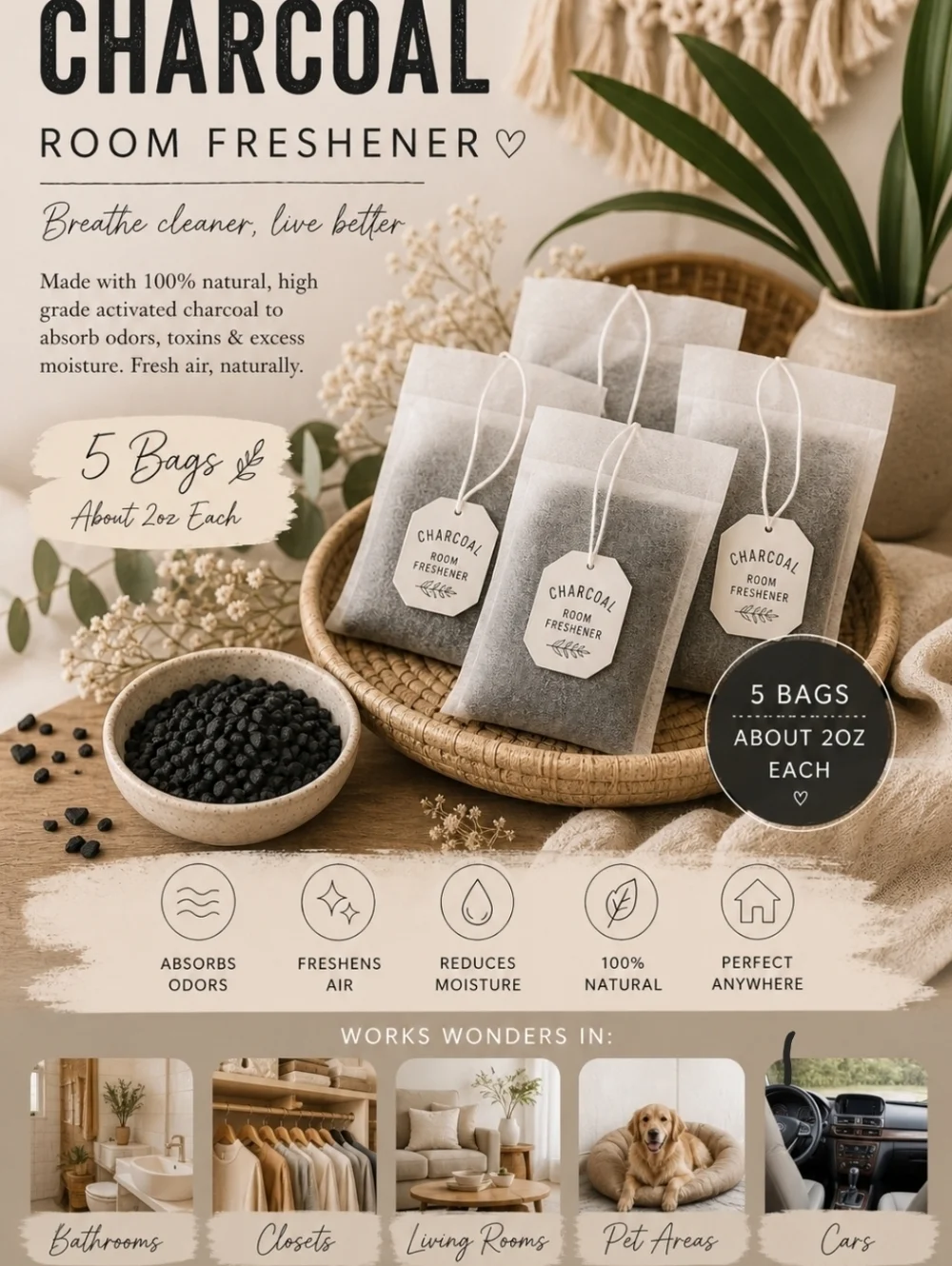 4/$15 Charcoal Air Purifier Bags Set Of 5 Essential Oil Diffuser Clean Air Feel